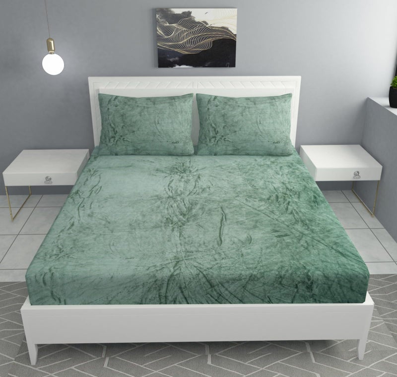 S&S Sands Flannel 300 TC Luxurious Bedsheets for Winter, King Size Fitted Warm Double Bedsheet, 72 x 78 x 10 inches, with 2 Pillow Covers (Green) - Image 1
