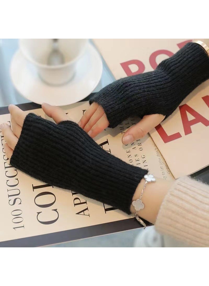 Half finger wool gloves womens autumn and winter thickened warm open finger touch screen knitted gloves student writing oversleeve wristband Night Sky Black 