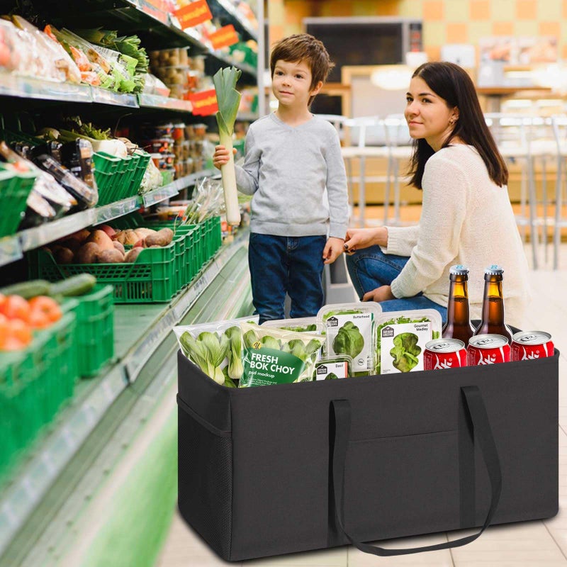 LHZK Standing Extra Large Utility Tote Bag with Metal Wire Frame and the Sides Rinforced, Extra Large Tote Bag with Handle, Reusable Grocery Bags Foldable, Beach Bag, Car Tote (Black) - Image 2