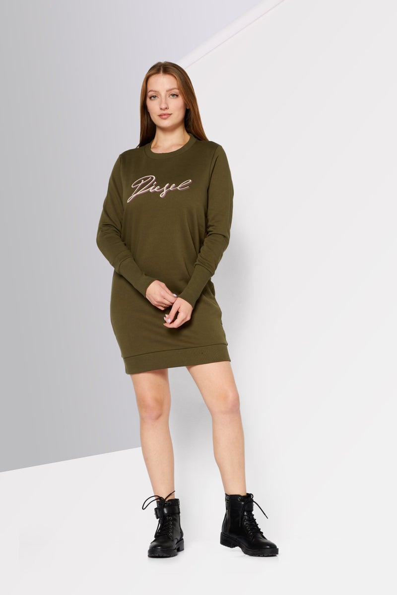 DIESEL Women Crew Neck Long Sleeves Brand Logo Sweater Dress, Olive - Image 4