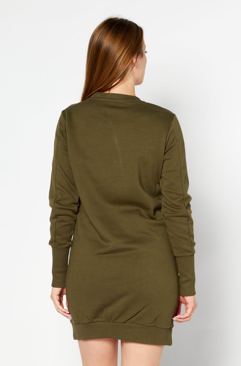 DIESEL Women Crew Neck Long Sleeves Brand Logo Sweater Dress, Olive - Image 2