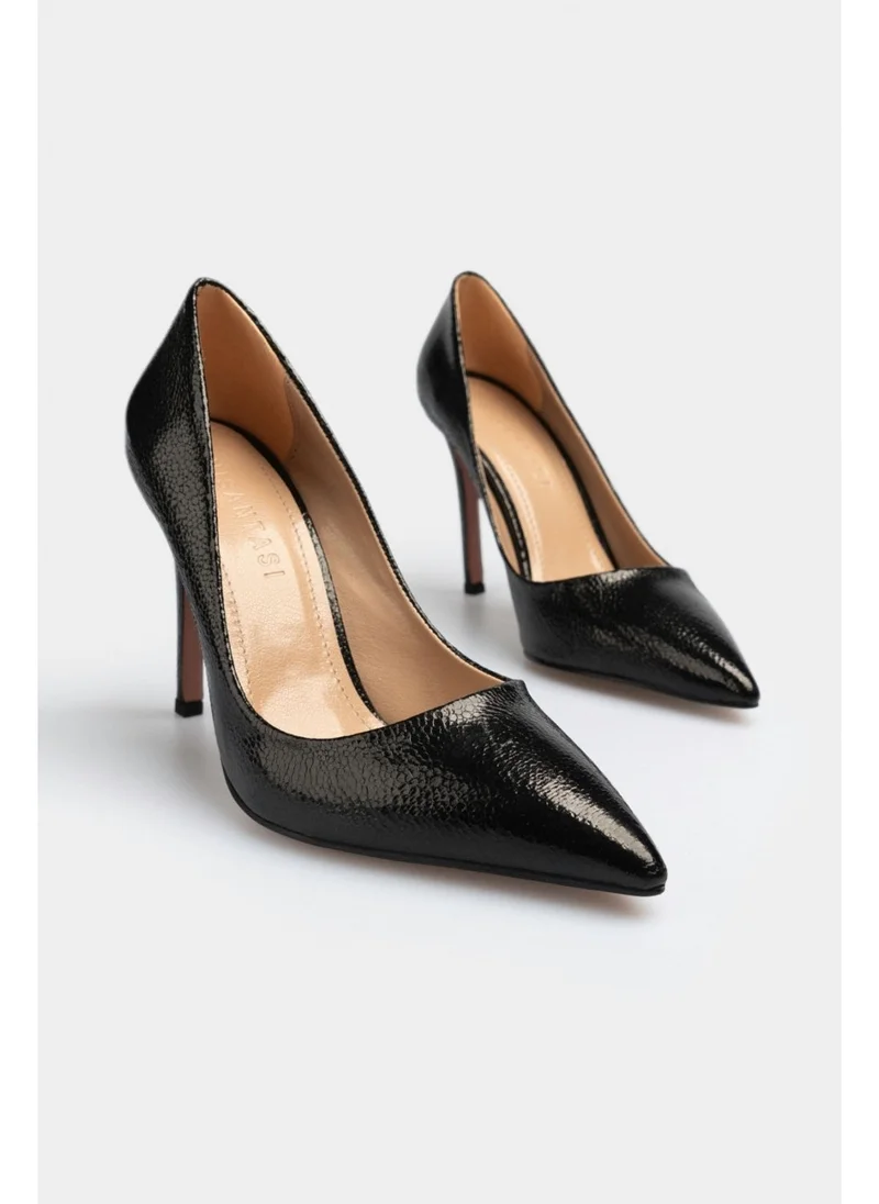 Nişantaşı Shoes Vanessa Black Pattern Patent Leather Pointed Toe Women's Stiletto