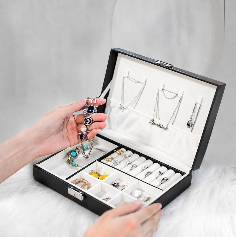 O2. Black Jewelry Organizer Box with Multiple Compartments & Lock - Image 4