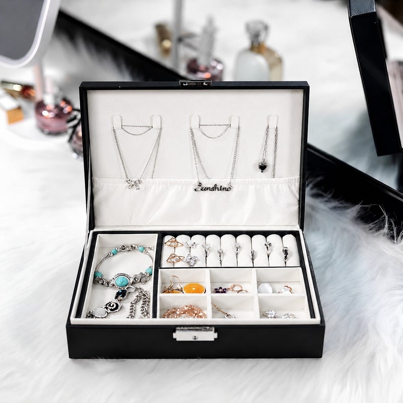 O2. Black Jewelry Organizer Box with Multiple Compartments & Lock - Image 3