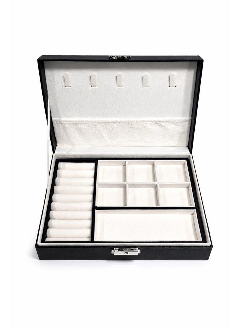 O2. Black Jewelry Organizer Box for Women with Key Lock, Multiple Compartments, Necklace Hooks, Ring Slots and Soft Lining, Storage Case for Earrings, Bracelets, Watches and Accessories, (23 × 17 × 9 cm) - Image 3