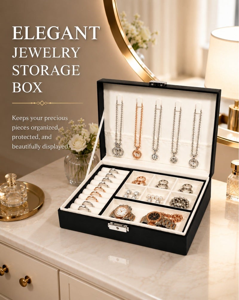 O2. Black Jewelry Organizer Box for Women with Key Lock, Multiple Compartments, Necklace Hooks, Ring Slots and Soft Lining, Storage Case for Earrings, Bracelets, Watches and Accessories, (23 × 17 × 9 cm) - Image 1