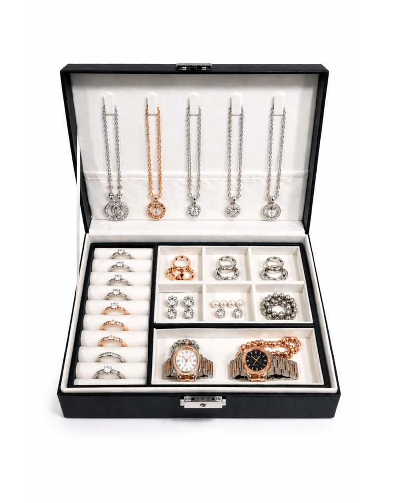 O2. Black Jewelry Organizer Box for Women with Key Lock, Multiple Compartments, Necklace Hooks, Ring Slots and Soft Lining, Storage Case for Earrings, Bracelets, Watches and Accessories, (23 × 17 × 9 cm) - Image 2