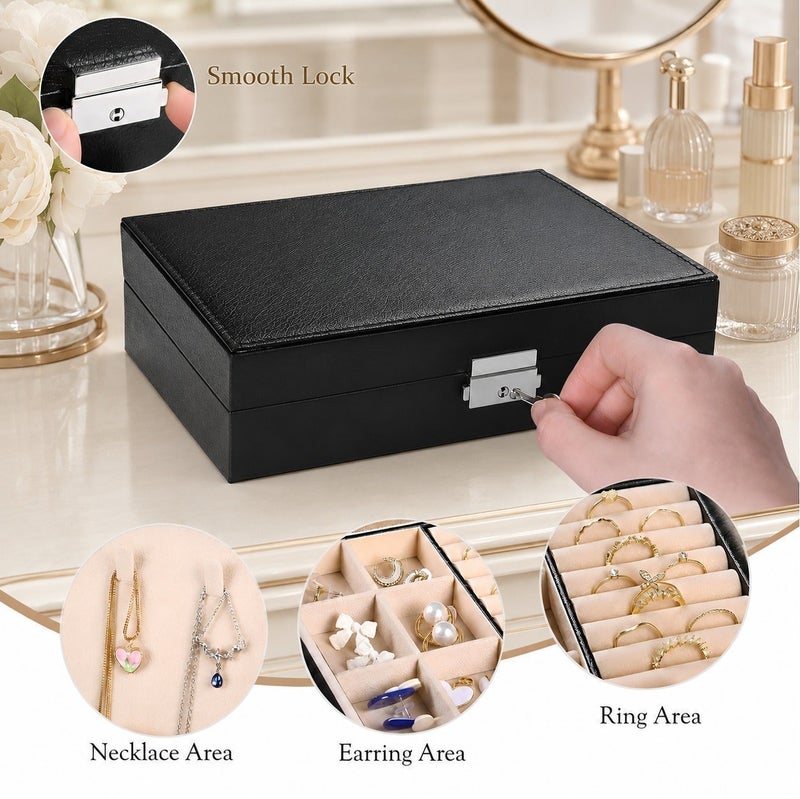 O2. Black Jewelry Organizer Box for Women with Key Lock, Multiple Compartments, Necklace Hooks, Ring Slots and Soft Lining, Storage Case for Earrings, Bracelets, Watches and Accessories, (23 × 17 × 9 cm) - Image 5
