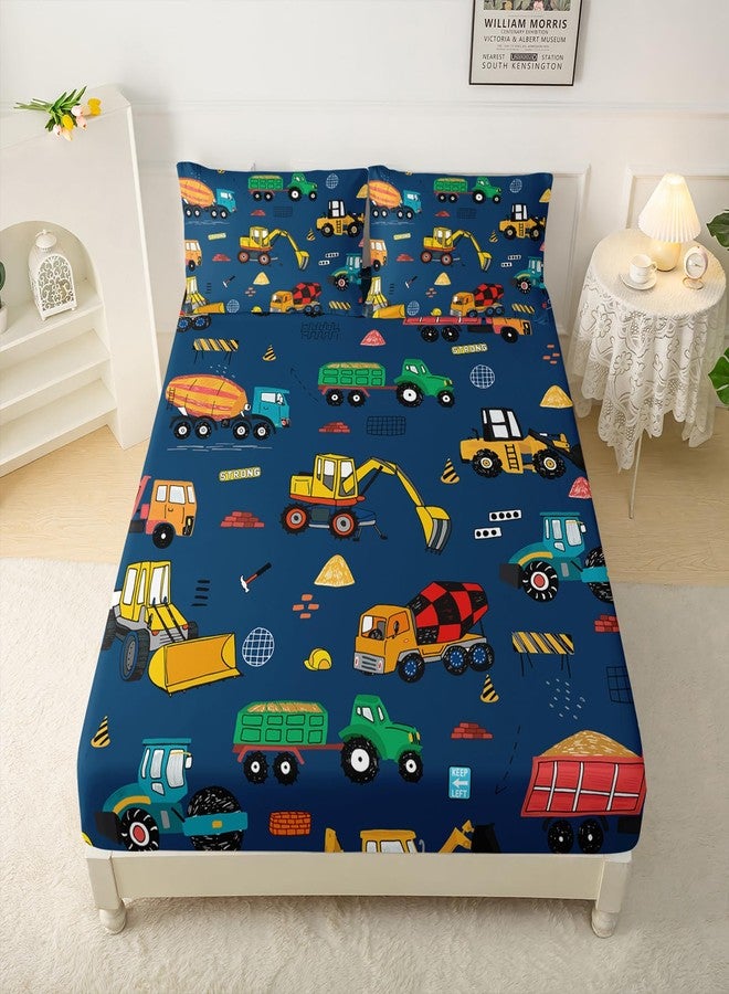 QOOMO Construction Kids Bed Sheets Full Size,Trucks Print Bedding Sheet Set,4Pcs Excavator Deep Pocket Bed Sets with 1 Fitted Sheet 1 Flat Sheet 2 Pillowcases for Boys Girls Teens - Image 1