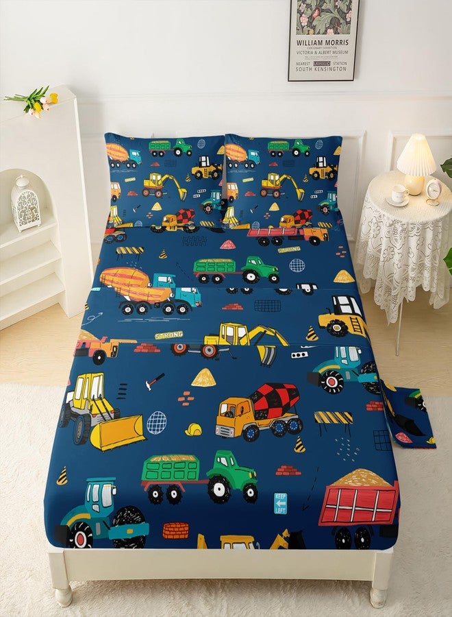QOOMO Construction Kids Bed Sheets Full Size,Trucks Print Bedding Sheet Set,4Pcs Excavator Deep Pocket Bed Sets with 1 Fitted Sheet 1 Flat Sheet 2 Pillowcases for Boys Girls Teens - Image 3