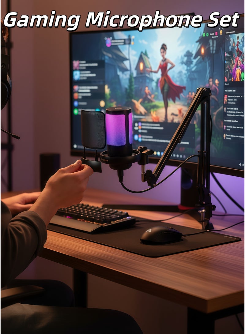 Gaming Microphone Set, USB PC Mic for Podcasts Videos, Streaming, Condenser Mic with Quick Mute, Tripod Stand, Pop Filter, RGB Indicator, Shock Mount, Rotate gain button,with RGB Light, Compatible with PS4/5/PC (Black) - Image 1