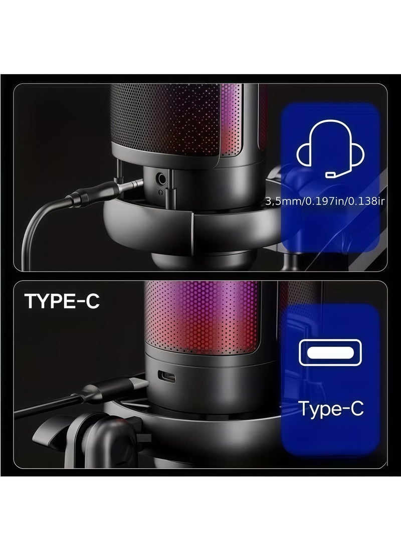 Gaming Microphone Set, USB PC Mic for Podcasts Videos, Streaming, Condenser Mic with Quick Mute, Tripod Stand, Pop Filter, RGB Indicator, Shock Mount, Rotate gain button,with RGB Light, Compatible with PS4/5/PC (Black) - Image 5