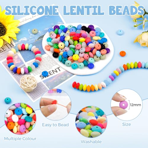 FIVEIZERO 180PCS FIVEIZERO Silicone Lentil Beads,12mm 30 Colors Silicone Abacus Beads Bulk Loose Spacer Jewelry Beads Colorful DIY Lanyard Beads for Making Necklace Keychain Accessories - Image 3