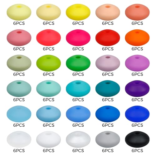FIVEIZERO 180PCS FIVEIZERO Silicone Lentil Beads,12mm 30 Colors Silicone Abacus Beads Bulk Loose Spacer Jewelry Beads Colorful DIY Lanyard Beads for Making Necklace Keychain Accessories - Image 2