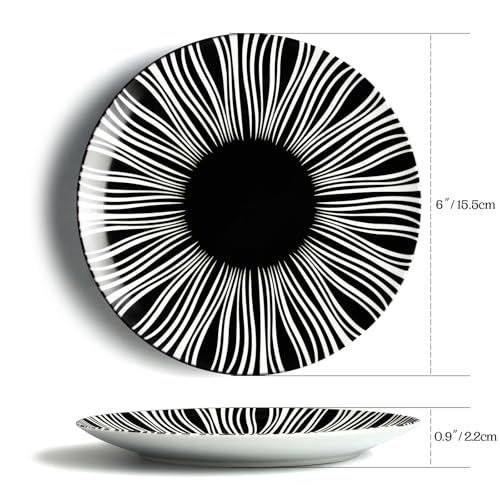 AYFDISHS Black and White Striped Ceramic Plates Set of 6-6 Inch Zebra Pattern Dessert & Appetizer Plates, Minimalist Porcelain Dish Set, Microwave, Oven & Dishwasher Safe - Image 2