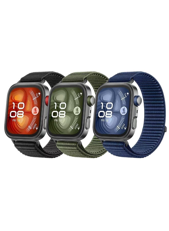 ESCASE 3 Packs Suitable for Huawei Watch Fit 3/Huawei Watch Fit 4/Pro Velcro Nylon Loop Strap, nylon strap with metal buckle,Black/Blue/Green - Image 1