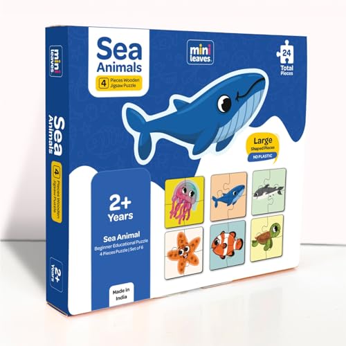 Mini Leaves Wooden Sea Animals Puzzle | 4-Piece Jigsaw Puzzles for Kids 2-5 Years | Educational Learning Toy for Toddlers | Preschool Activity for Shape & Color Recognition - Image 1
