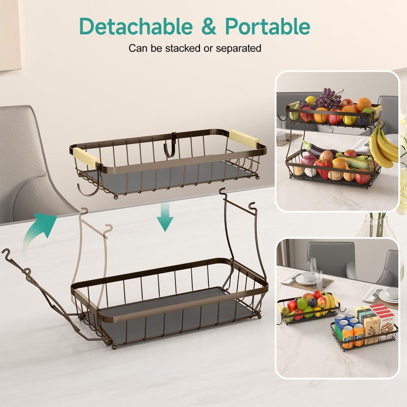 Sevenblue 2 Tier Large Fruit Basket For Kitchen Counter With 2 Mobile Banana Hangers  2025 Pro Detachable Metal Fruit Bowl With Wooden Handle (Brown  2 Tier Extra Large) - Image 3