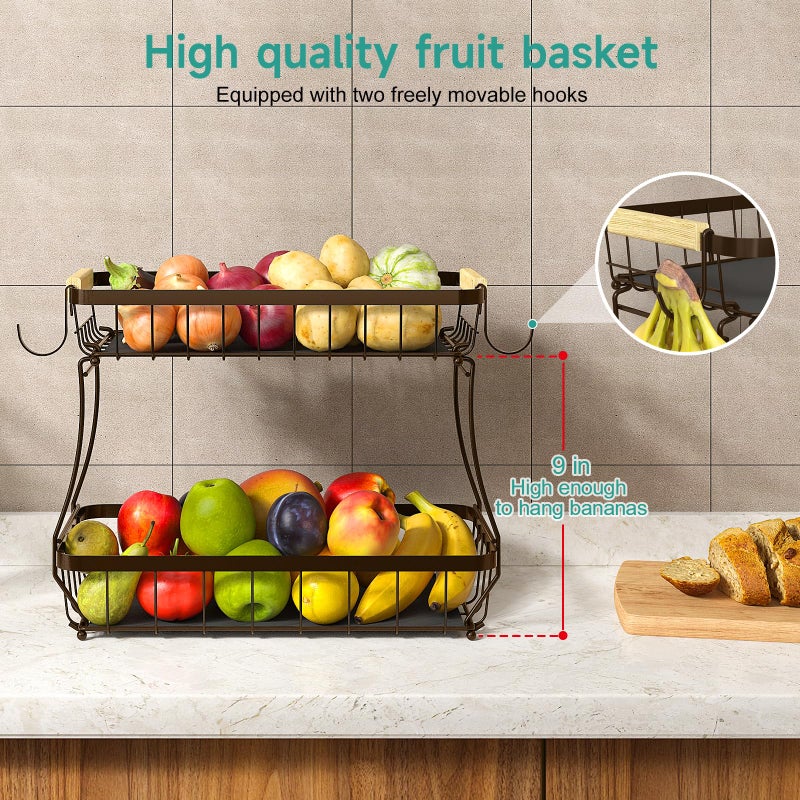 Sevenblue 2 Tier Large Fruit Basket For Kitchen Counter With 2 Mobile Banana Hangers  2025 Pro Detachable Metal Fruit Bowl With Wooden Handle (Brown  2 Tier Extra Large) - Image 2