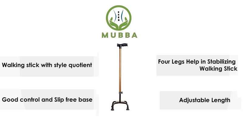 MUBBA 4 Leg Walking Stick Height Adjustable Iron Stick Quadripod Stick Four Leg Brown - Image 2