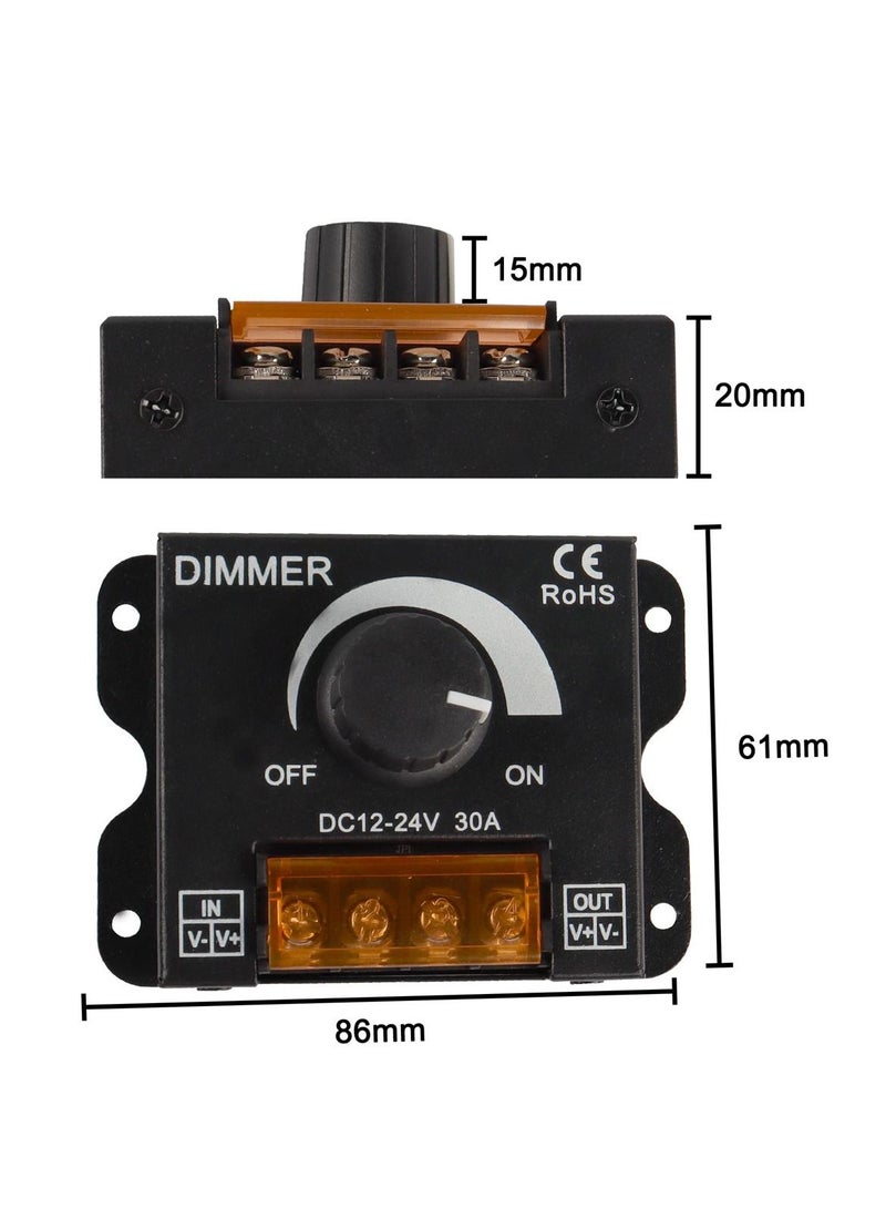 DC 12V to 24V 30A LED Light Strip Dimmer, PWM Dimming Controller with ON Off Switch Knob, Aluminum Case for 5050 3528 LED Strip Lights, Adjust Brightness with Precision - Image 2