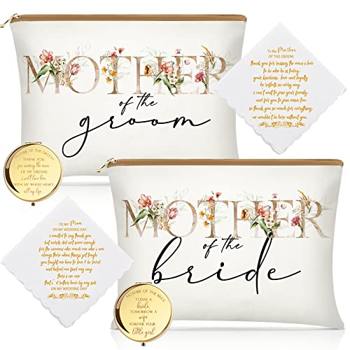Coume 6 Pack Mother of The Bride Gifts Mother of The Groom Gifts Set with 2 Flower Themed Cosmetic Bags 2 Makeup Mirror 2 Handkerchiefs for Women Wedding Engagement Proposal Bridal Shower - Image 1