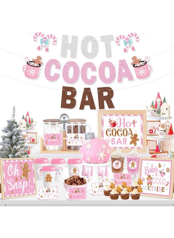 K KUMEED Hot Cocoa Bar Kit Pink Hot Cocoa Bar Banner Cute Gingerbread Man Sign Oh Snap Toppings Tent Cards Cup Tags Stickers for Winter Baby Shower Christmas Party Baby It's Cold Outside Decorations - Image 1