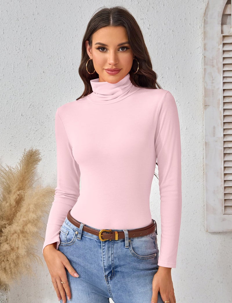 ACIEMR Long Sleeve Tops for Women â€“ Slim Fit Turtleneck Shirts, Soft Thermal Turtle Neck Tees for Daily Wear, Office & Fall Fashion Light Pink Large - Image 3