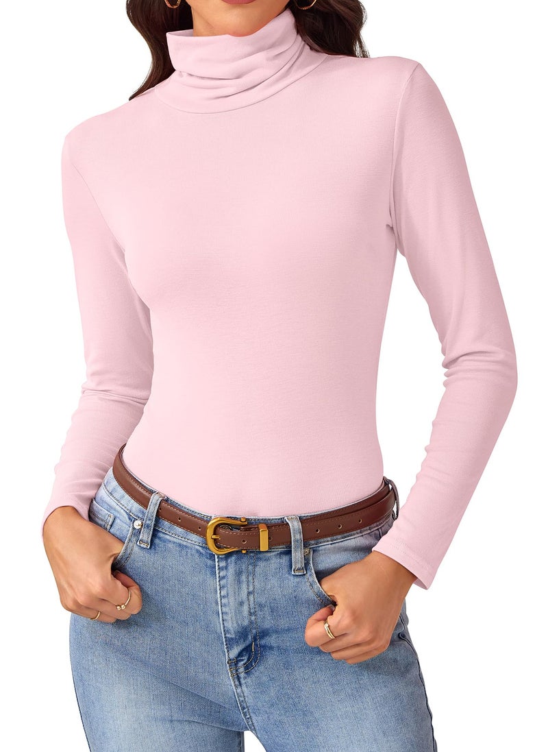 ACIEMR Long Sleeve Tops for Women â€“ Slim Fit Turtleneck Shirts, Soft Thermal Turtle Neck Tees for Daily Wear, Office & Fall Fashion Light Pink Large - Image 1