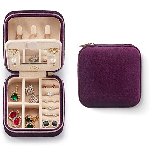 ZPROW Plush Velvet Travel Jewelry Case, Travel Jewelry Organizer, Jewelry Travel Case, Travel Jewelry Box, Small Jewelry Case for Women,Jewelry Travel Box, Earring Organizer with Mirror - Purple - Image 1