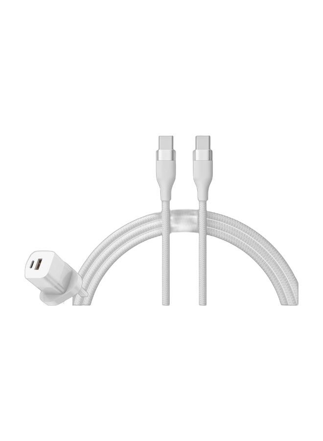 EKR محول طاقة EKR 33 واط GaN Type-C + USB-A، شاحن سريع لأجهزة iPhone 13/14/15/16/17، وSamsung Galaxy، وPixel، وiPad، وAirPods، باللون الأبيض، وكابل شحن سريع مضفر من USB-C إلى USB-C بقوة 100 واط من EKR | متران | شريحة Emark | نقل بيانات عالي السرعة - WhiteBundle - Image 1