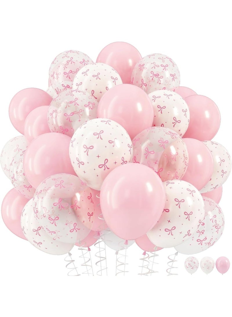 36Pcs Pink Bow Balloons, 12 Inch Pastel Light Pink Transparent White Bow Print Coquette Balloon for Girls Women Birthday Bachelorette Party Wedding Anniversary Decorations Supplies - Image 1