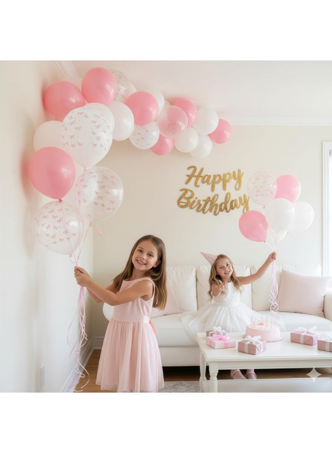 36Pcs Pink Bow Balloons, 12 Inch Pastel Light Pink Transparent White Bow Print Coquette Balloon for Girls Women Birthday Bachelorette Party Wedding Anniversary Decorations Supplies - Image 3