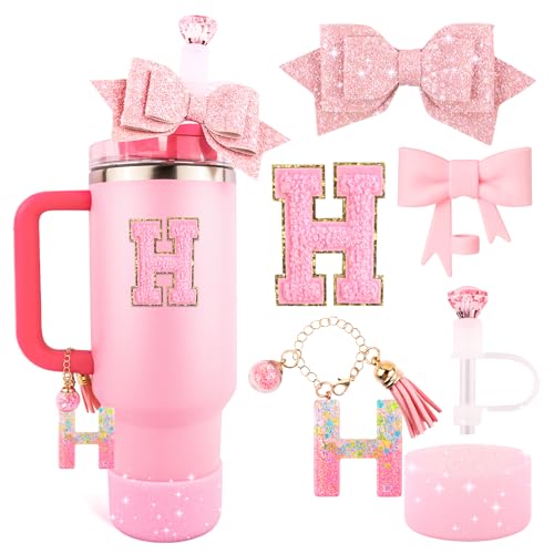Lingdeer Pink Cup Accessories Set for Stanley 30OZ & 40OZ Tumbler with Handle, Letter Charms, Bow & Diamond Straw Covers, Glitter Silicone Boot, Personalized Sticker for Stanley Cup Accessories (H) - Image 1