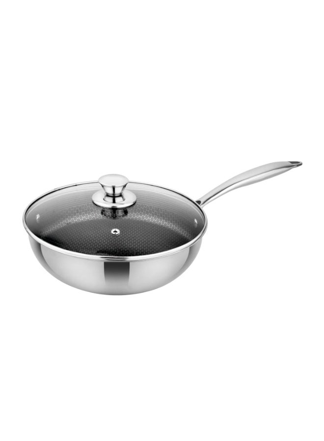 Prabha Tri-Ply Wok Fry Pan with Glass Lid 4.3 Litre | Stainless Steel Hexa Cube FryWok 28cm | FryPan Nonstick/Induction & Gas | Wok for Chinese Cooking | Cookware Deep Kadai Long Handle Steel - Image 1