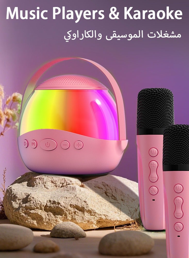 Birthday & Holiday Gifts for Girls Boys Family Home Party , Round Portable Bluetooth Speaker with Wireless Karaoke Microphone, Toys for 3+ Years Old Boys Girls，Pink - Image 1