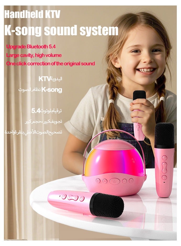 Birthday & Holiday Gifts for Girls Boys Family Home Party , Round Portable Bluetooth Speaker with Wireless Karaoke Microphone, Toys for 3+ Years Old Boys Girls，Pink - Image 4