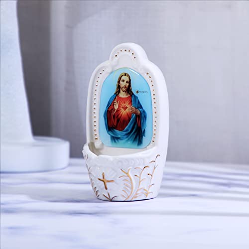 KOMI Porcelain Catholic Holy Water Font Sacred Heart of Jesus Holy Water Fonts for Entrance of Home Church Wall Hanging Decor Great Gift for First Communion Confirmation Housewarming - Image 4