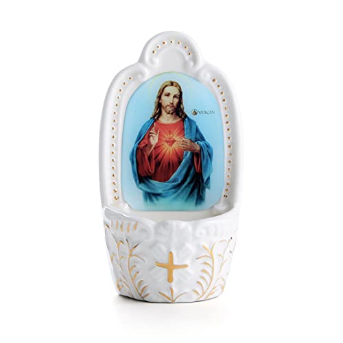 KOMI Porcelain Catholic Holy Water Font Sacred Heart of Jesus Holy Water Fonts for Entrance of Home Church Wall Hanging Decor Great Gift for First Communion Confirmation Housewarming - Image 1