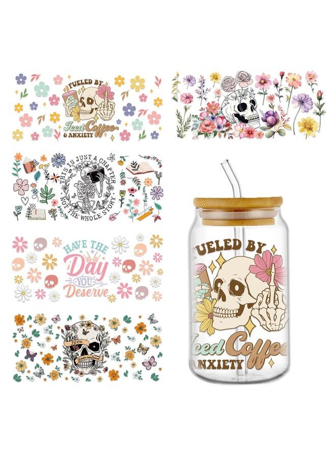 Rngmsi UV DTF Cup Wrap - 5 Sheets Skeleton UV DTF Cup Wraps for 16 oz Skull Flower Uvdtf Cup Wraps Waterproof Butterfly Personalized UV DTF Wraps for Glass Cups Wood Crafts - Image 1