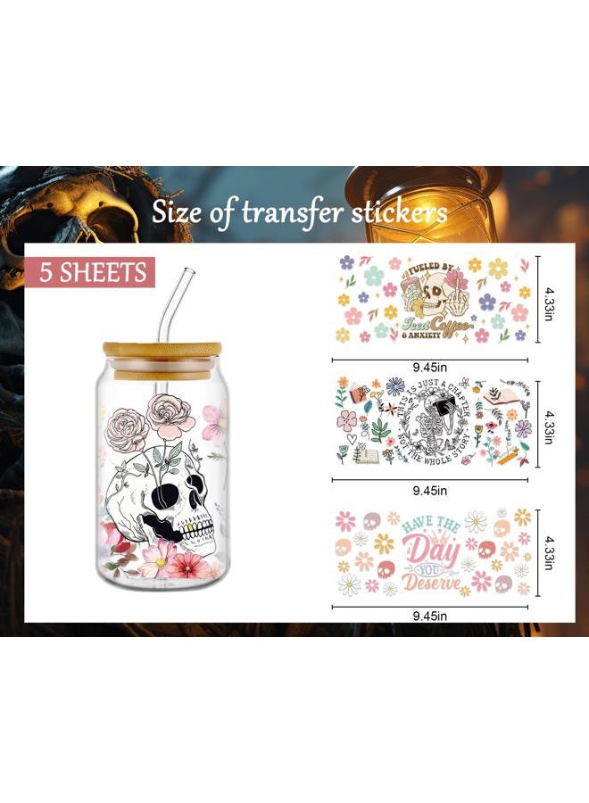 Rngmsi UV DTF Cup Wrap - 5 Sheets Skeleton UV DTF Cup Wraps for 16 oz Skull Flower Uvdtf Cup Wraps Waterproof Butterfly Personalized UV DTF Wraps for Glass Cups Wood Crafts - Image 2