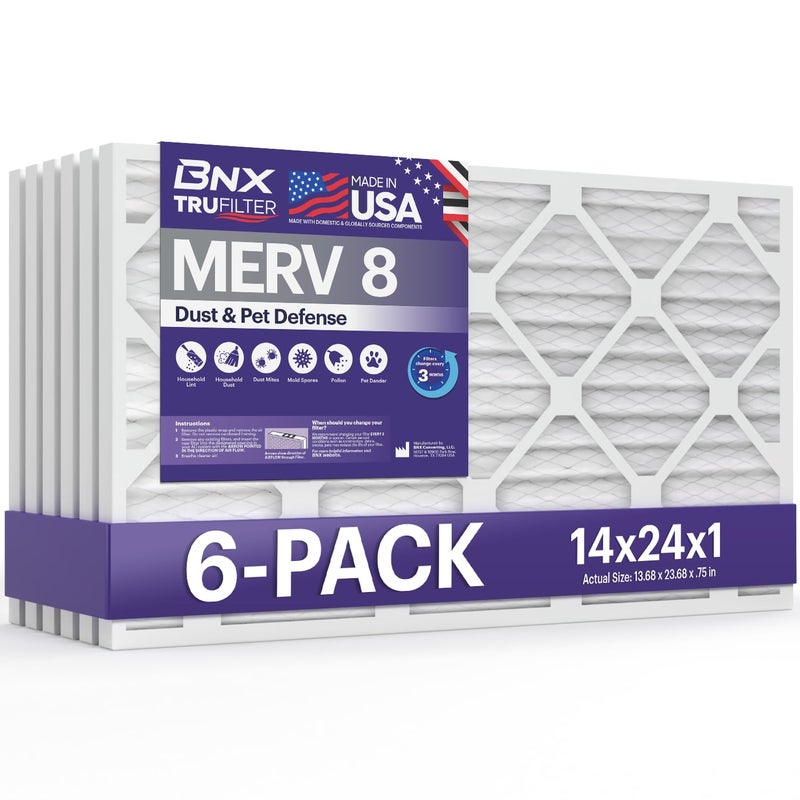BNX TruFilter 14x24x1 Air Filter MERV 8 6Pack MADE IN USA Dust Pet Defense Air Conditioner HVAC AC Furnace Filters for Dust Pet Mold Pollen MPR 600 700 FPR 5