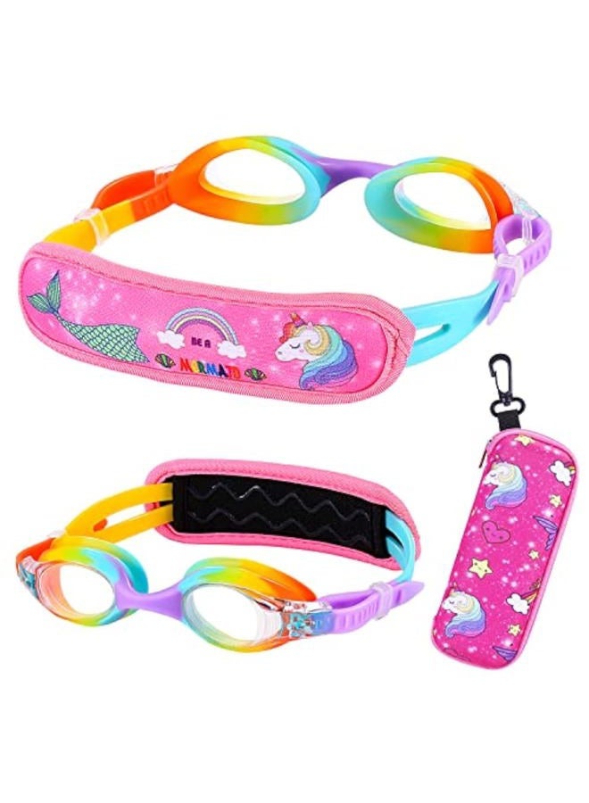 RUIGAO Swim Goggles For Kids 6-14, Kids Goggles for Swimming, Rainbow Swim Goggles with Strap Cover for Girls （ Mermaid & Unicorn ） - Image 1