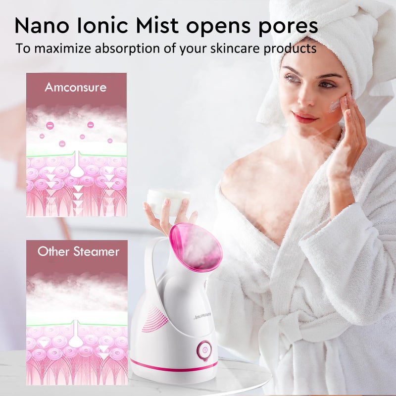 Amconsure Facial Steamer - Nano Ionic Face Steamer Warm Mist Steamer for Home Sauna SPA, Humidifier for Face Steamer for Deep Cleaning Unclogs Pores Sinuses - Bonus 5 Piece Stainless Steel Skin Kit - Image 3