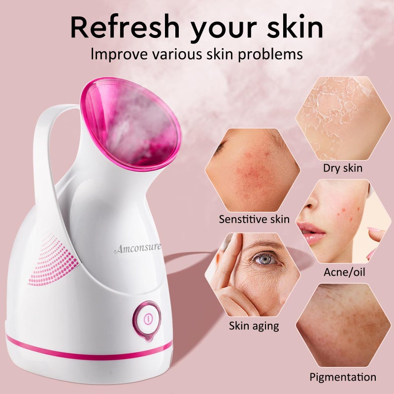 Amconsure Facial Steamer - Nano Ionic Face Steamer Warm Mist Steamer for Home Sauna SPA, Humidifier for Face Steamer for Deep Cleaning Unclogs Pores Sinuses - Bonus 5 Piece Stainless Steel Skin Kit - Image 4