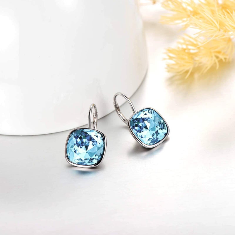 AOBOCO Sterling Silver Leverback Earrings Embellished with Crystals from Austria, Hypoallergenic Cushion Cut Square Crystal Earrings, Fine Anniversary Birthday Jewelry Gifts for Women (Simulated Aquamarine) - Image 4