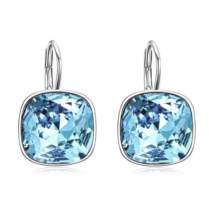 AOBOCO Sterling Silver Leverback Earrings Embellished with Crystals from Austria, Hypoallergenic Cushion Cut Square Crystal Earrings, Fine Anniversary Birthday Jewelry Gifts for Women (Simulated Aquamarine) - Image 1