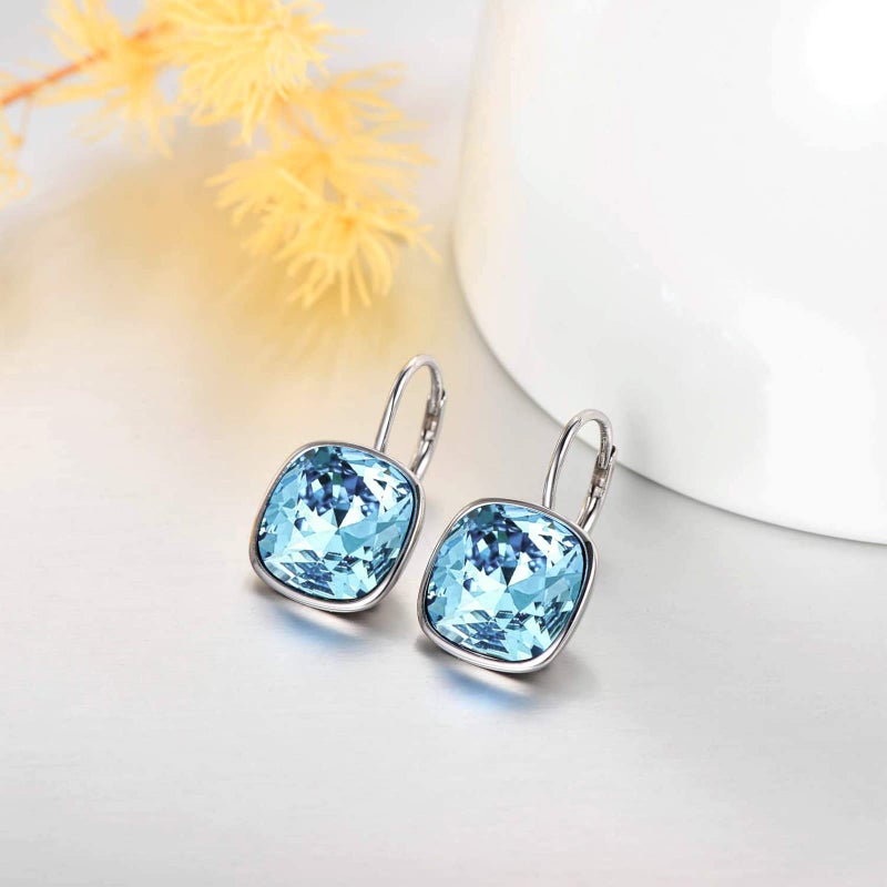 AOBOCO Sterling Silver Leverback Earrings Embellished with Crystals from Austria, Hypoallergenic Cushion Cut Square Crystal Earrings, Fine Anniversary Birthday Jewelry Gifts for Women (Simulated Aquamarine) - Image 3