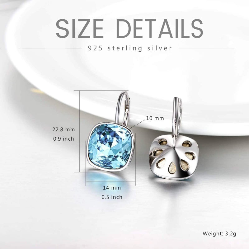 AOBOCO Sterling Silver Leverback Earrings Embellished with Crystals from Austria, Hypoallergenic Cushion Cut Square Crystal Earrings, Fine Anniversary Birthday Jewelry Gifts for Women (Simulated Aquamarine) - Image 5