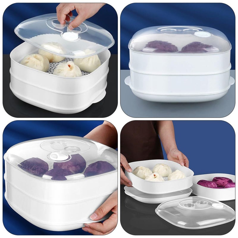Two Layer Microwaveable Plastic Food Steamer With Lid For Dumplings Buns Vegetables - Image 4